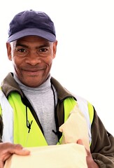 delivery man with parcel for customer stock photo