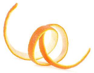 Spiral orange peel isolated on white background. Curly orange zest.