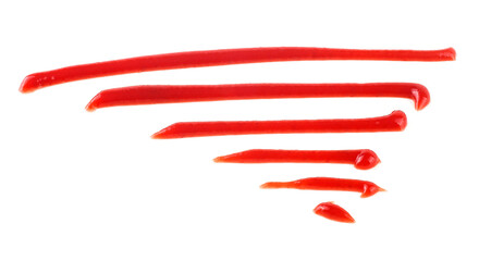 Red ketchup splash isolated on a white background, top view.