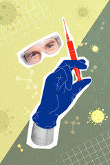 3d retro abstract creative artwork template collage of doctor wear protective glasses hand sterile gloves hold syringe covid vaccination