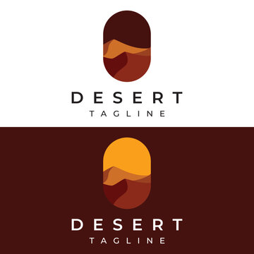 Hot Desert And Dunes Abstract Logo Template Vector Design With Cactus Showing Sand Dunes Isolated Background.