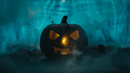 Halloween pumpkin in a thunderstorm with lightning and lightning