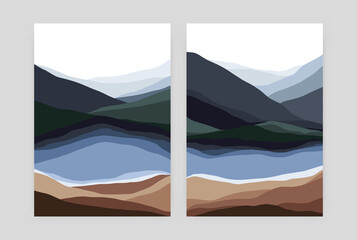 Mountain landscape posters. Geometric minimal contemporary scandinavian rock lake background art. Vector abstract set