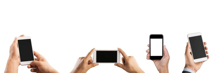 Human holding mobile phone in hand, set of different angles