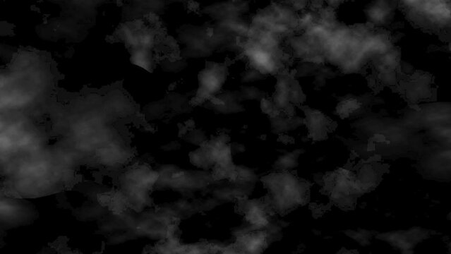 animation of white clouds passing the air in motion on black background to make a transparency - cloudy sky pattern effect with smoke seen from above to overlay on a weather map or landscape like fog