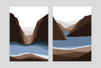 Mountain landscape posters. Geometric abstract minimal contemporary scandinavian rock lake background art. Vector set