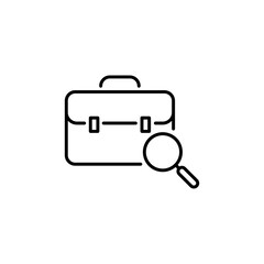 Magnifying glass with flat portfolio briefcase icon. Search Work Vector concept. Outline icon. eps 10