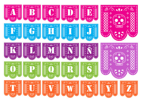 Papel picado con las letras del abecedario y con una calavera, en diferentes colores