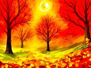 Naklejka na ściany i meble Digital drawing of haloween nature background with orange trees, painting on paper style