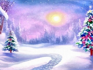 Digital drawing of christmas nature background with snow and christmas trees,  painting on paper style