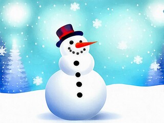 Digital drawing of snowman on christmas background,  painting on paper style