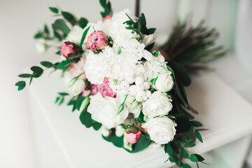Beautiful wedding bouquet with different flowers, roses