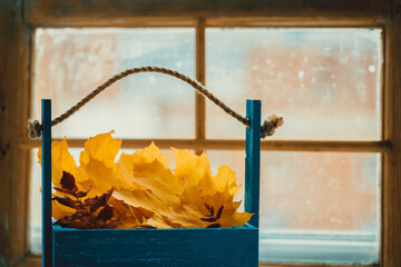 Yellow Autumn Leaves by the Window. Season Fall Concept. Vintage style.