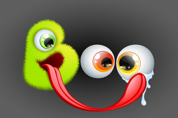 Cute fluffy little green cartoon monster licking eyes. BOO word for Halloween.