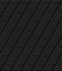 Vector seamless texture. Modern geometric background with hexagons and figures made of thin threads. 