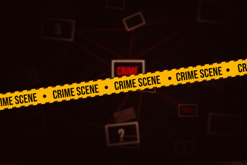 Crime concept background with alarming colors and blur backdrop. Crime scene yellow line wallpaper with evidence and newspaper in the backdrop