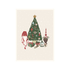 Christmas Card with Gnome and Christmas Tree.