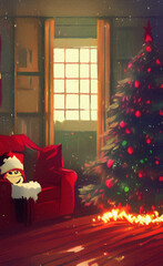 Obraz premium Cute living room decorated for Christmas illustration. Christmas or New Year cozy interior, digital painting wall art. Good for print, card, invitation, postcard, poser design. Christmas celebration.