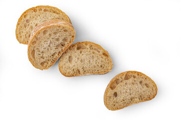 pieces of bread isolated on white background, top view