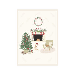 Christmas Card with Interior. Vector Illustration.