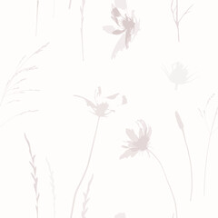 Delicate vector seamless pattern with wild flowers, herbs botanicals