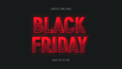 Black Friday Sale banner template. Realistic 3d neon signboard. Black Friday neon lettering for decoration of discount event. Vector illustration for decoration of sale banners, posters, flyers.
