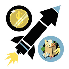 Fototapeta na wymiar A percentage symbol icon, a coin dollar sign and groceries placed in the circles with a diagonal missile rocket. Concept highlighting rising inflation and the increase of food prices around the world.