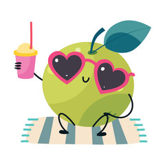Funny Green Apple Character in Sunglasses Sitting on Beach Drinking Soda Having Fun on Summer Vacation Vector Illustration