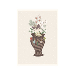Christmas Card with Vase and Florals.