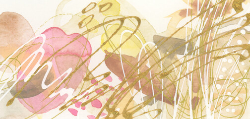 Art Watercolor and Acrylic smear blot with pencil, oil pastel line scribble elements. Abstract texture beige and gold color stain background.