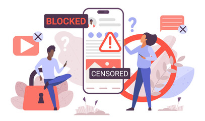 Blocked online social media content, internet restriction for mobile app vector illustration. Cartoon tiny people sitting on lock near big phone with exclamation mark and censored word on screen