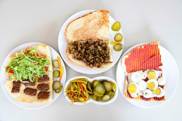 Delicious meat kebab with fresh vegetable salad served with variety of Turkish dishes and appetizers. Top view of assorted Turkish food and meze, tasty and healthy Mediterranean cuisine.