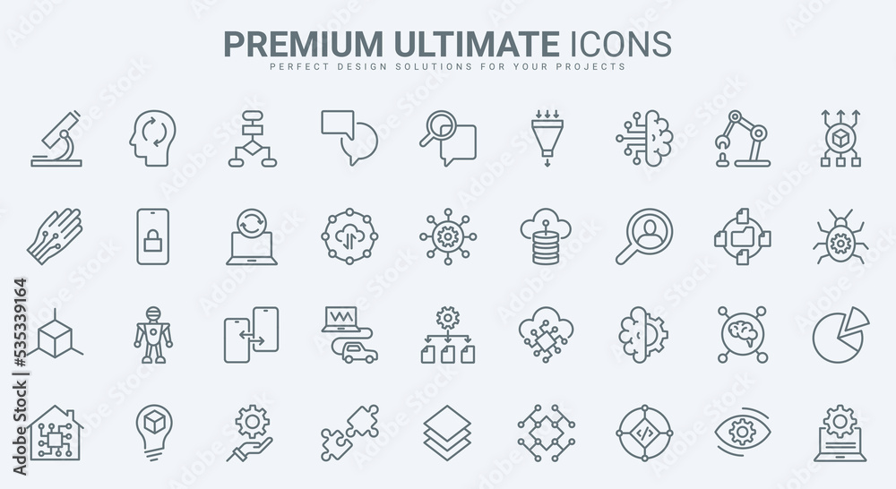 Aufkleber AI thin line icons set vector illustration. Abstract outline digital brain of bot and automatic machine learning, science future technology and automation network process, electronic smart tech system