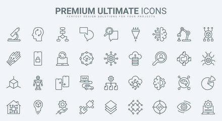 AI thin line icons set vector illustration. Abstract outline digital brain of bot and automatic machine learning, science future technology and automation network process, electronic smart tech system