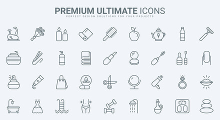 Naklejka premium Beauty cosmetics and skin care thin line icons set vector illustration. Outline makeup and natural herbal lotion and cream, healthy massage and candle spa relax for body health, salon therapy