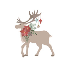 Christmas Deer with winter Florals on the white Background.