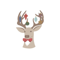 Christmas Deer with winter Florals on the white Background.