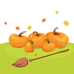 Autumn landscape for Halloween with pumpkins. Vector cartoon illustration.