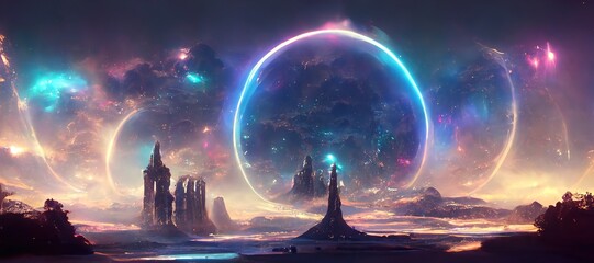 Abstract Fantasy galactic portal with neon glow. 3D render. Raster illustration. - obrazy, fototapety, plakaty