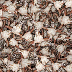 Cow bull skulls with horns attached in a multi layered pattern
