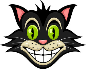 Vector illustration of a retro-inspired smiling cartoon black cat face.