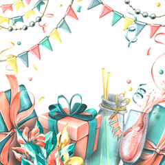 A festive composition with gifts, drinks, flowers and flags, garlands, confetti. Watercolor illustration from a large set of HAPPY BIRTHDAY. For the design and design of postcards, posters.