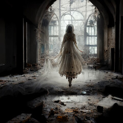 ghost of a woman in white dress in abandoned building horror Halloween