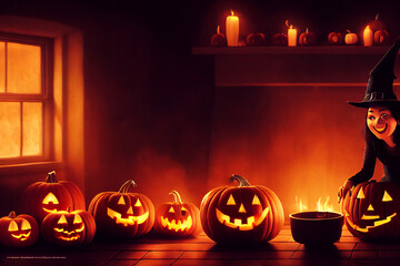 witch and carved pumpkins or jack-o-lanterns at night Halloween 