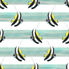 Bright, striped, black-and-white with yellow, triangular, tropical fish on a background of horizontal blue stripes. Watercolor illustration. Seamless pattern from a set of TROPICAL FISH. © NATASHA-CHU
