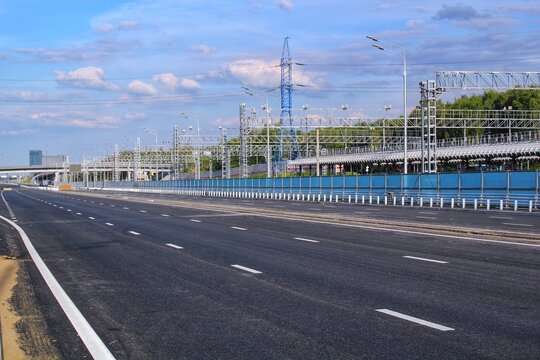 New traffic intersection road construction site. Development of Transport infrastructure junction, improvement highway. Overpopulation problem. Erection overpass of northeast chord in Moscow, Russia