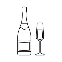 Champagne bottle and glass. Linear icons beverages isolated on white background. Outline black alcoholic drinks with wineglasses in flat design. Vector graphics. Thin line illustration.