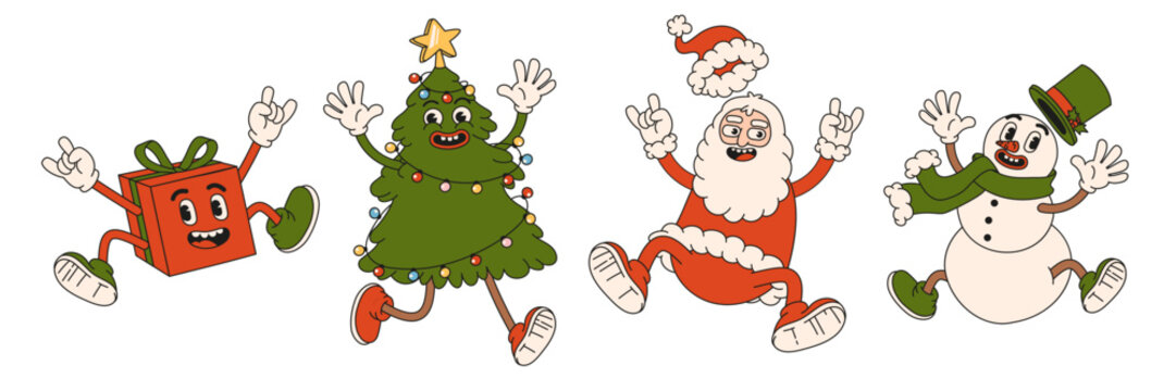 Merry Christmas and Happy New year. Santa Claus, Christmas tree, snowman, gift in trendy retro cartoon style. Sticker pack of comic characters.