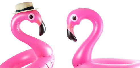 Summer fun beach. Pink pool inflatable flamingo for summer beach © Maksym