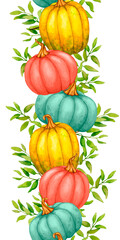 Vertical seamless border with pumpkins and foliage. Watercolor clip art. Autumn design for Halloween, Thanksgiving, harvest festival, autumn design element, fall composition.
